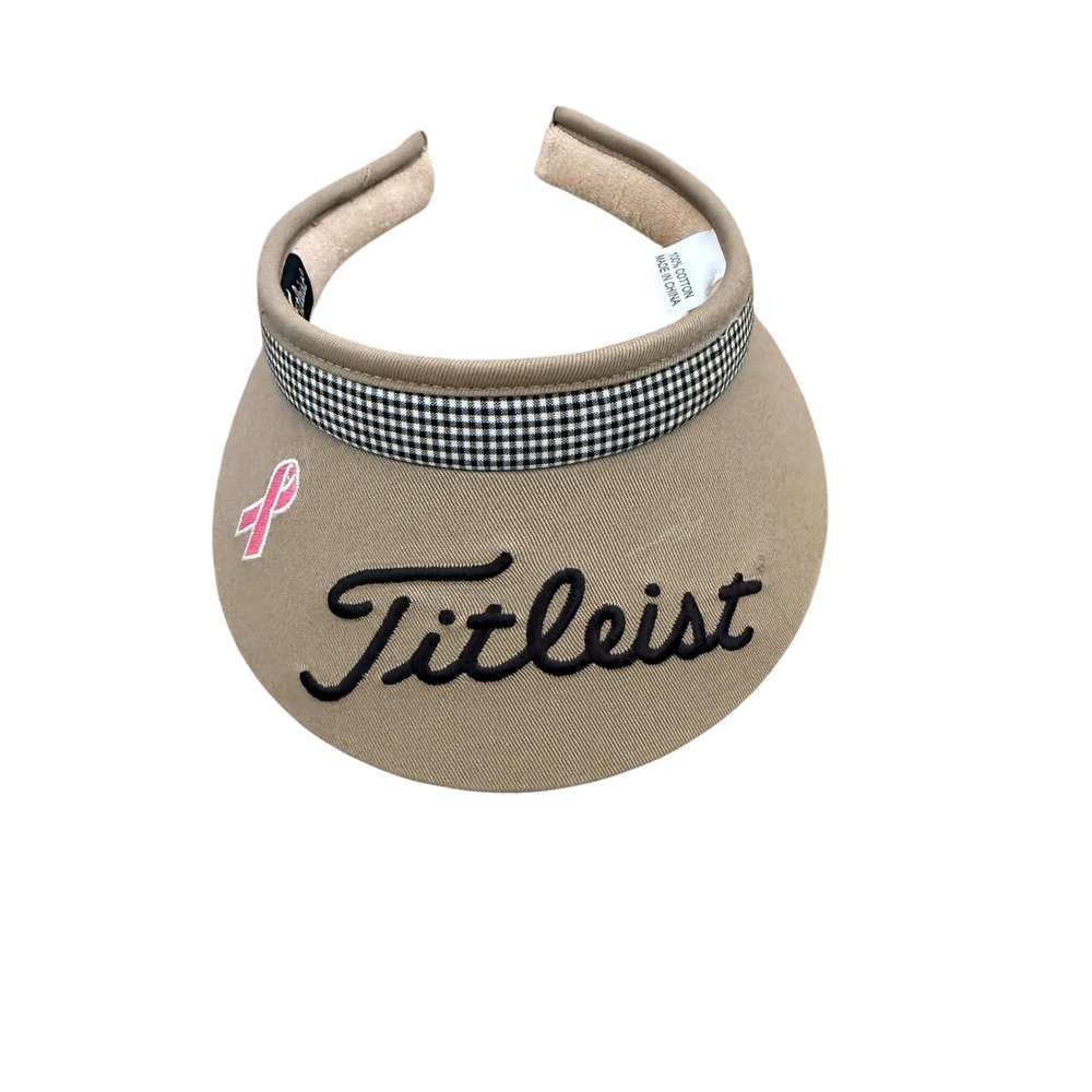 Titleist Golf Visor Tan Khaki Pink Ribbon Breast Cancer Awareness Gingham Cotton